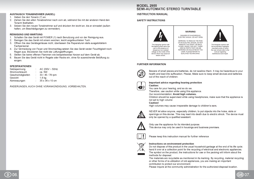 Elta 2955 manual SEMI-AUTOMATIC Stereo Turntable, Austausch Tonabnehmer Nadel, Safety Instructions Reinigung UND Wartung 