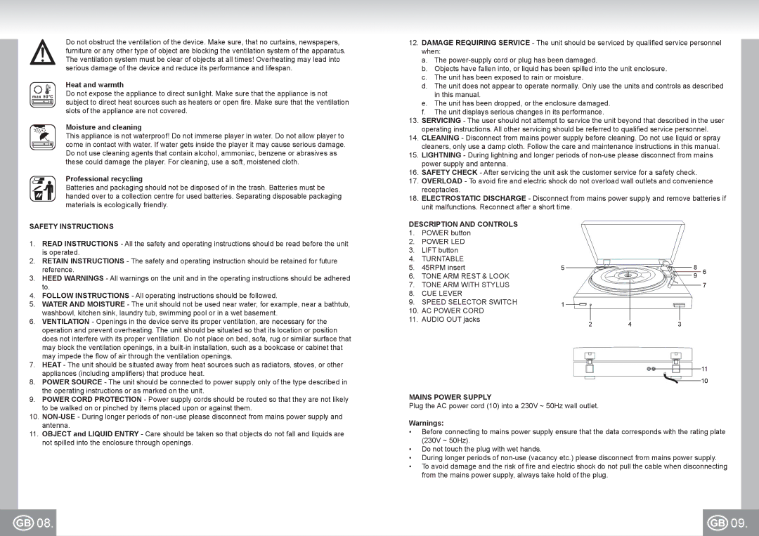 Elta 2955 manual Safety Instructions, Description and Controls, Mains Power Supply 