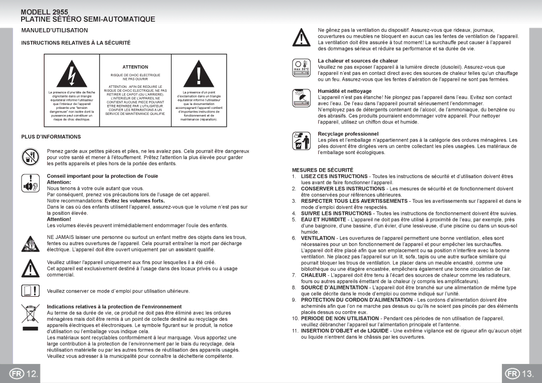 Elta 2955 manual Modell Platine Sétéro SEMI-AUTOMATIQUE, Manueld’Utilisation, Instructions Relatives À LA Sécurité 