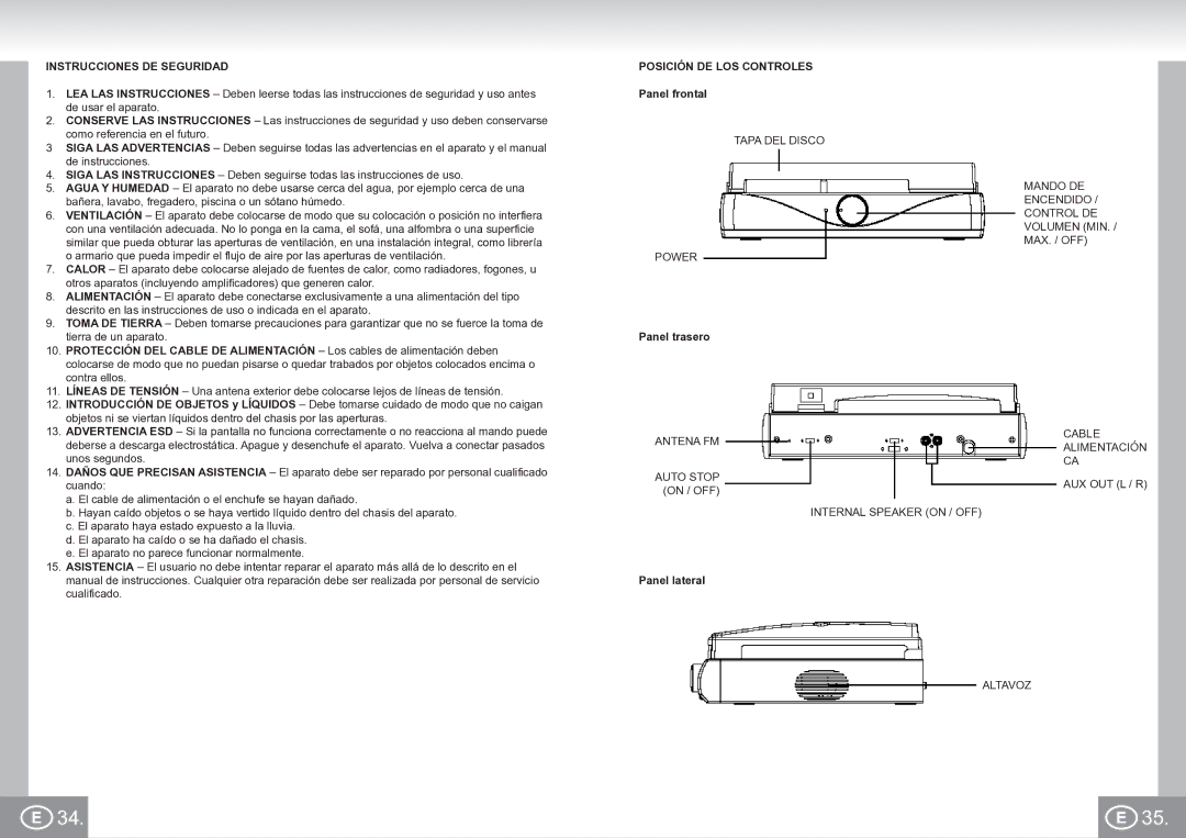 Elta 2956 manual Instrucciones DE Seguridad, Posición DE LOS Controles, Panel frontal, Panel trasero, Panel lateral 