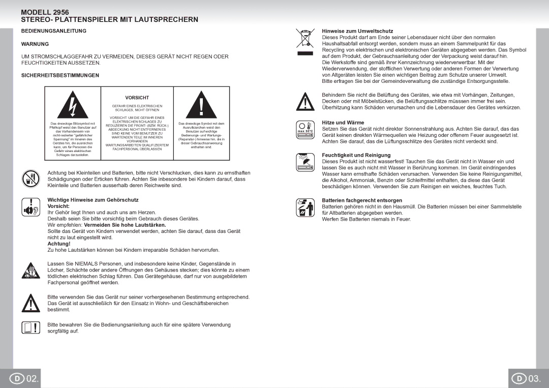 Elta 2956 manual Modell STEREO- Plattenspieler MIT Lautsprechern, Bedienungsanleitung Warnung, Sicherheitsbestimmungen 