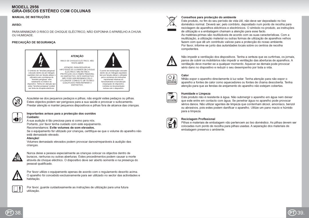 Elta 2956 manual Modell GIRA-DISCOS Estéreo COM Colunas, Manual DE Instruções Aviso, Precaução DE Segurança 