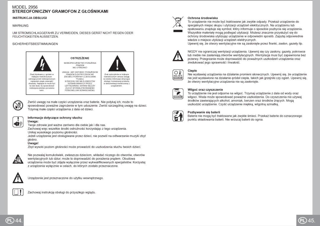 Elta 2956 manual Stereofoniczny Gramofon Z Głośnikami, Instrukcja Obsługi Warnung 