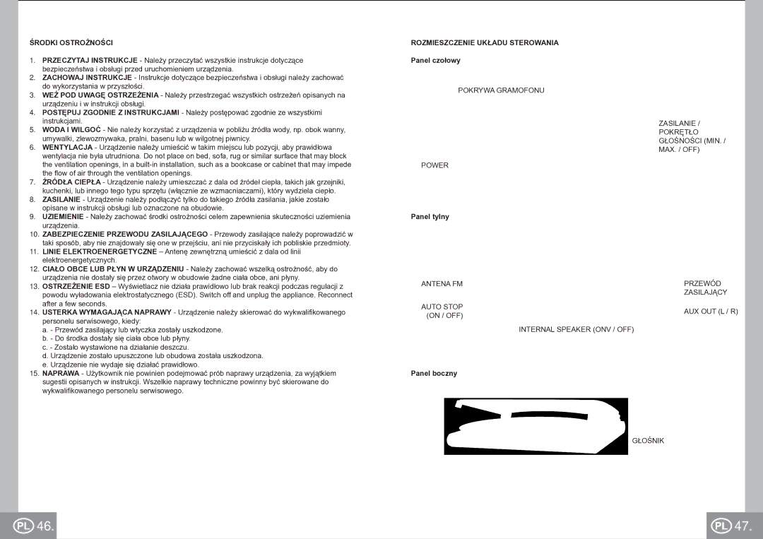 Elta 2956 manual Środki Ostrożności, Rozmieszczenie Układu Sterowania, Panel czołowy, Panel tylny, Panel boczny 