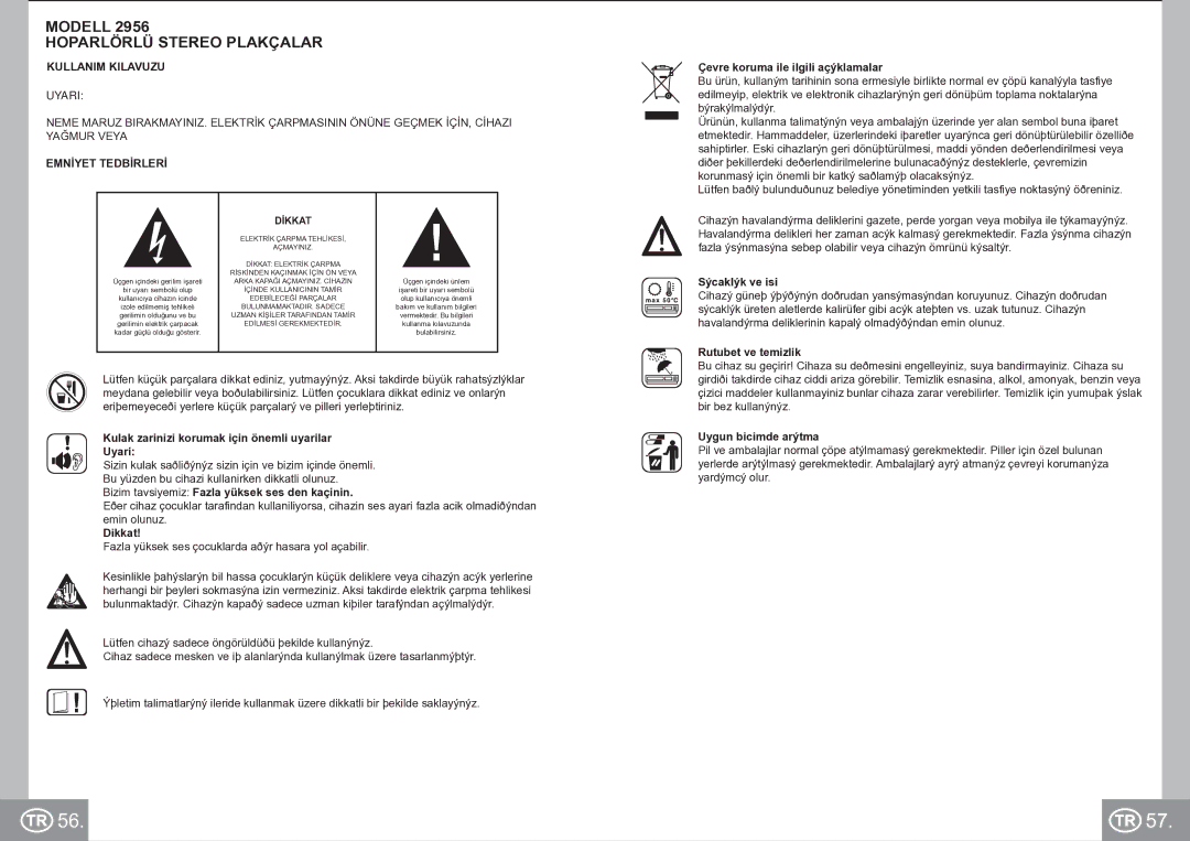 Elta 2956 manual Modell Hoparlörlü Stereo Plakçalar, Kullanim Kilavuzu Uyari, Emnİyet Tedbİrlerİ 