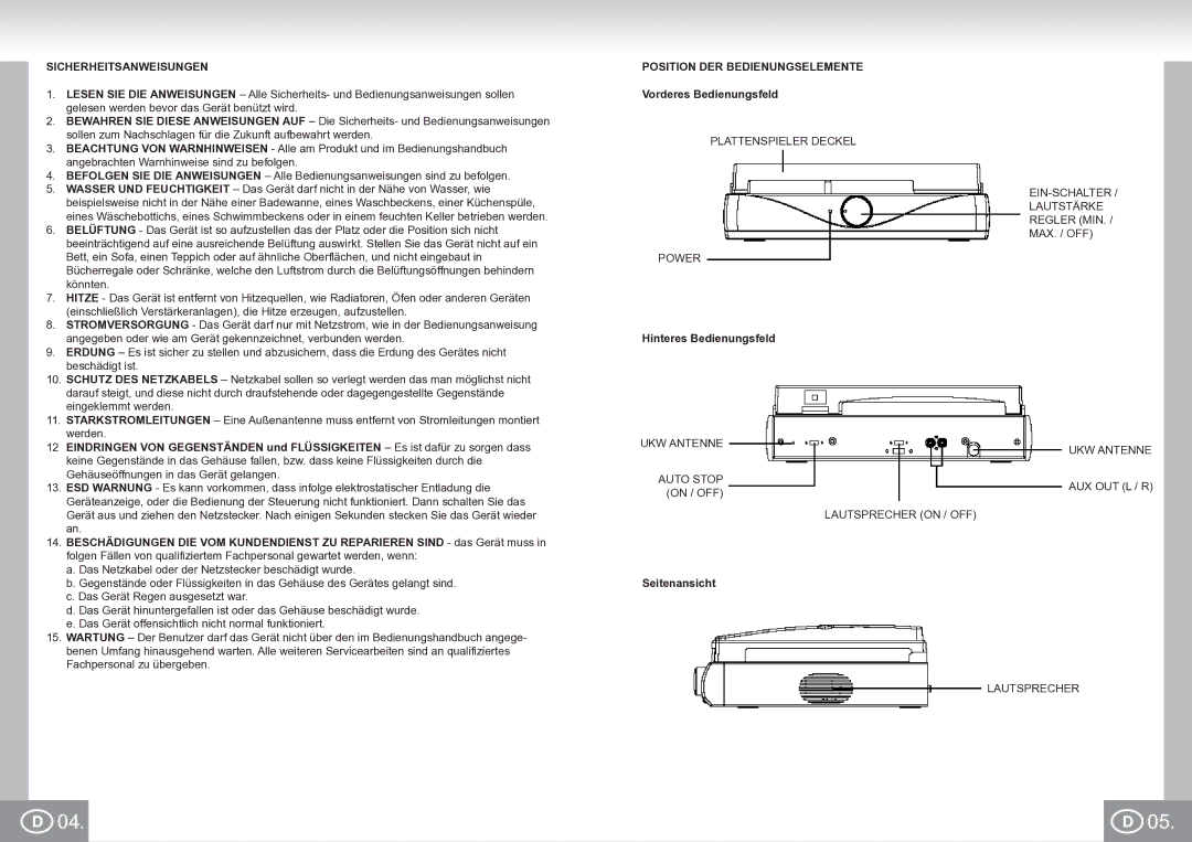 Elta 2956 manual Sicherheitsanweisungen, Position DER Bedienungselemente, Vorderes Bedienungsfeld, Hinteres Bedienungsfeld 