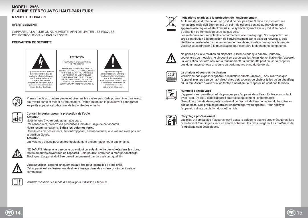 Elta 2956 manual Modell Platine Stéréo Avec HAUT-PARLEURS, MANUELD’UTILISATION Avertissement, Precaution DE Securite 