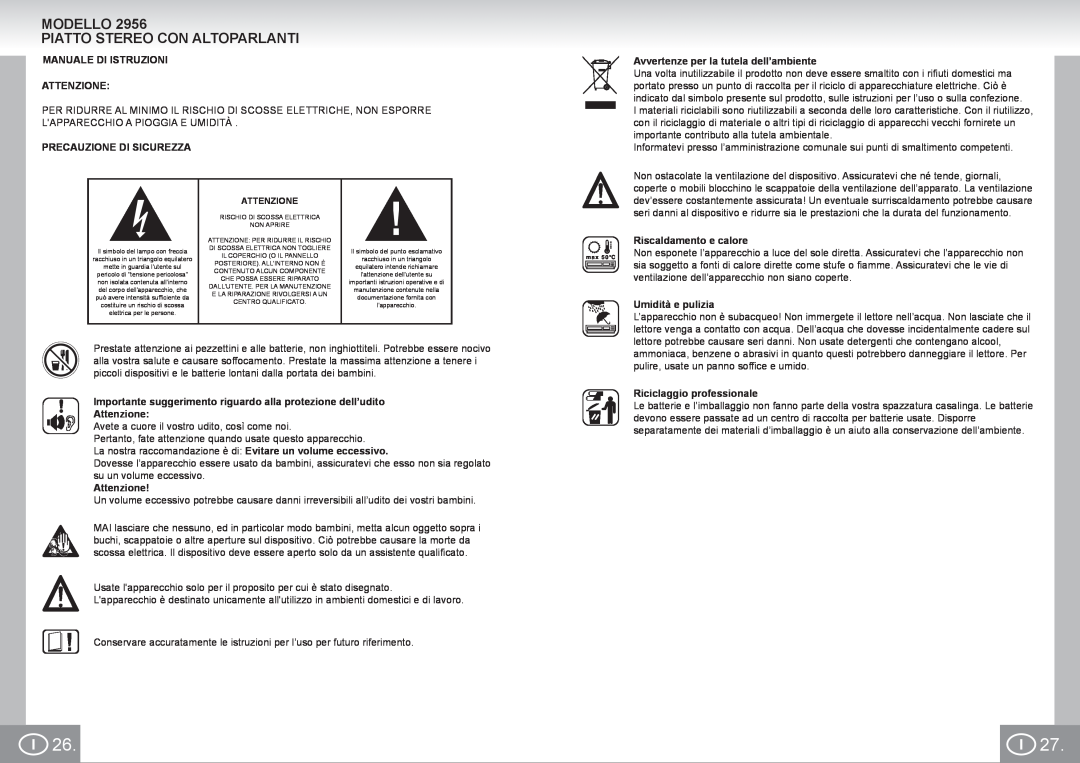 Elta 2956 manual Modello Piatto Stereo Con Altoparlanti, Manuale Di Istruzioni Attenzione, Precauzione Di Sicurezza 