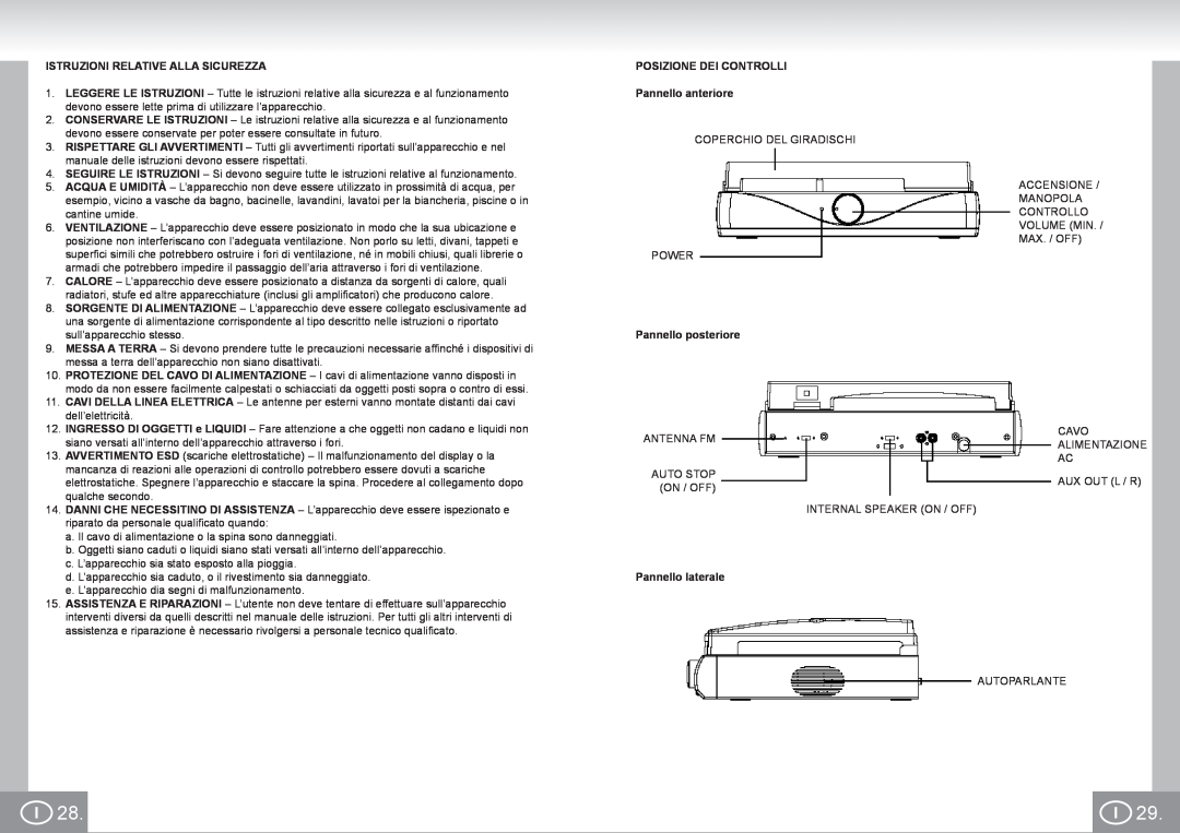 Elta 2956 manual Istruzioni Relative Alla Sicurezza, POSIZIONE DEI CONTROLLI Pannello anteriore, Pannello posteriore 