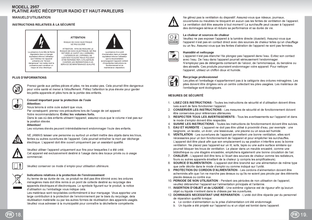 Elta 2957 Modell Platine Avec Récepteur Radio ET HAUT-PARLEURS, Manueld’Utilisation, Instructions Relatives À LA Sécurité 