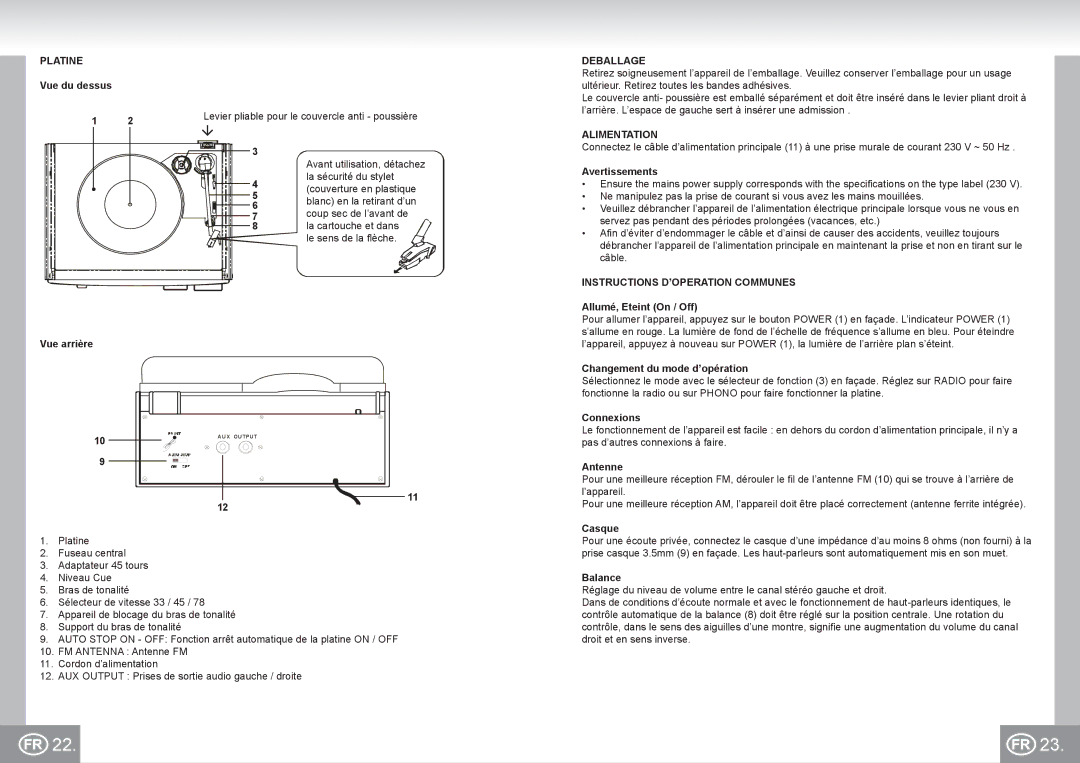 Elta 2957 manual Platine, Deballage, Alimentation, Instructions D’OPERATION Communes 