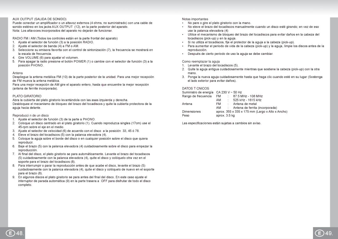 Elta 2957 manual AUX Output Salida DE Sonido, Reproducción de un disco, Notas importantes, Como reemplazar la aguja 