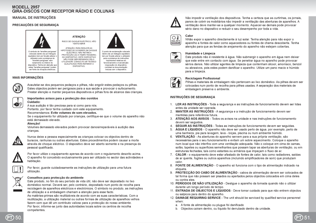 Elta 2957 Modell GIRA-DISCOS COM Receptor Rádio E Colunas, Manual DE Instruções, Precauções DE Segurança, Mais Informações 