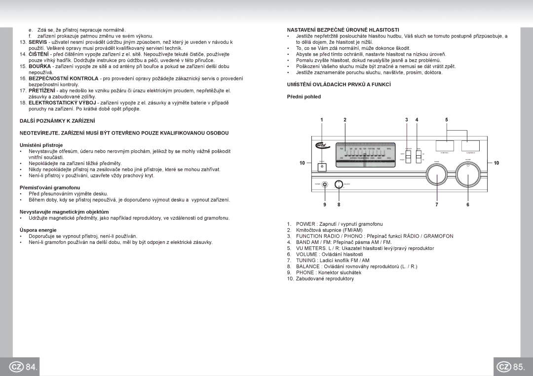 Elta 2957 manual Nastavení Bezpečné Úrovně Hlasitosti, Umístění Ovládacích Prvků a Funkcí 