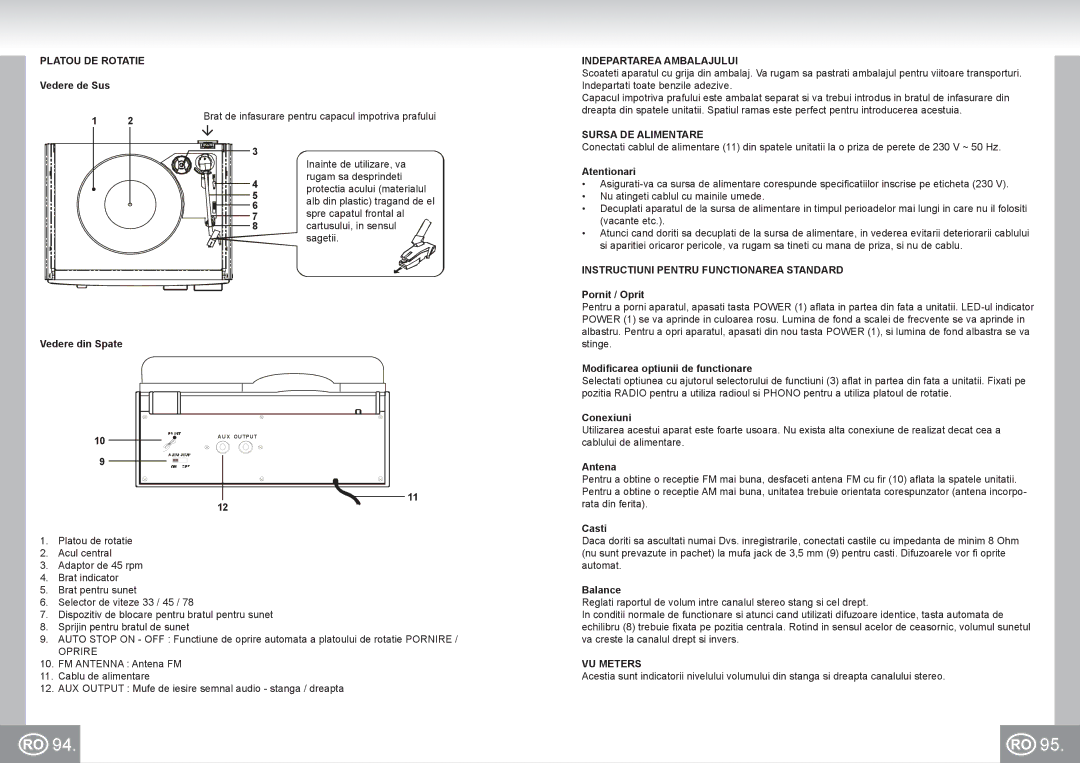 Elta 2957 Platou DE Rotatie, Indepartarea Ambalajului, Sursa DE Alimentare, Instructiuni Pentru Functionarea Standard 