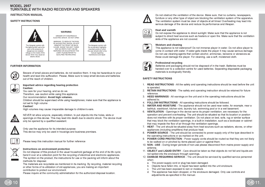 Elta 2957 manual Turntable with Radio Receiver and Speakers, Safety Instructions, Further Information 