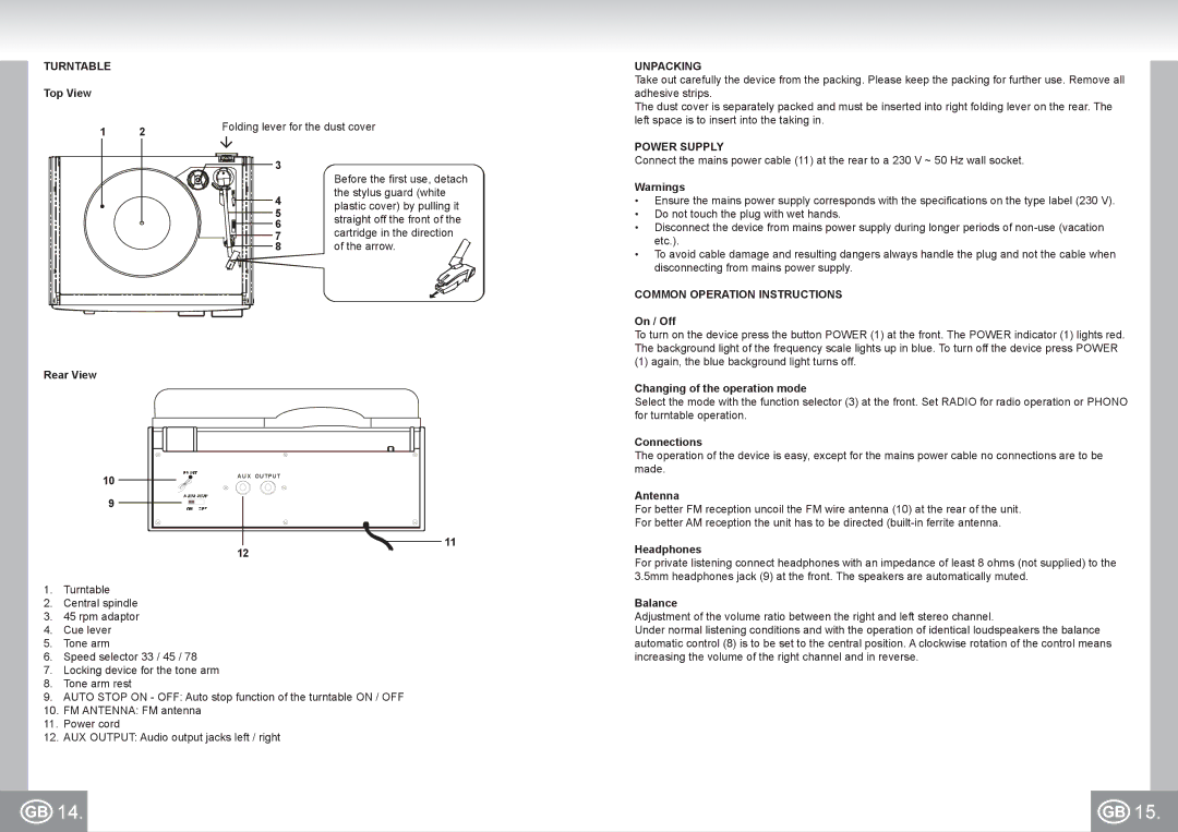 Elta 2957 manual Turntable, Unpacking, Power Supply, Common Operation Instructions 