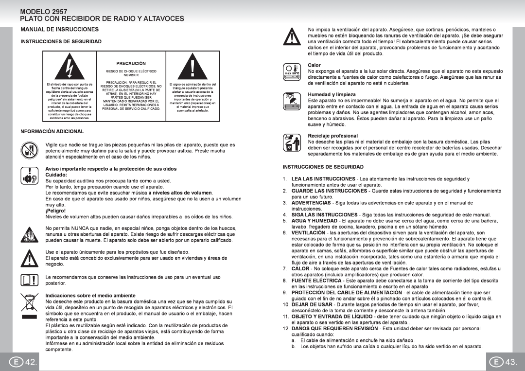 Elta 2957 manual Modelo Plato Con Recibidor De Radio Y Altavoces, Manual De Insrucciones 