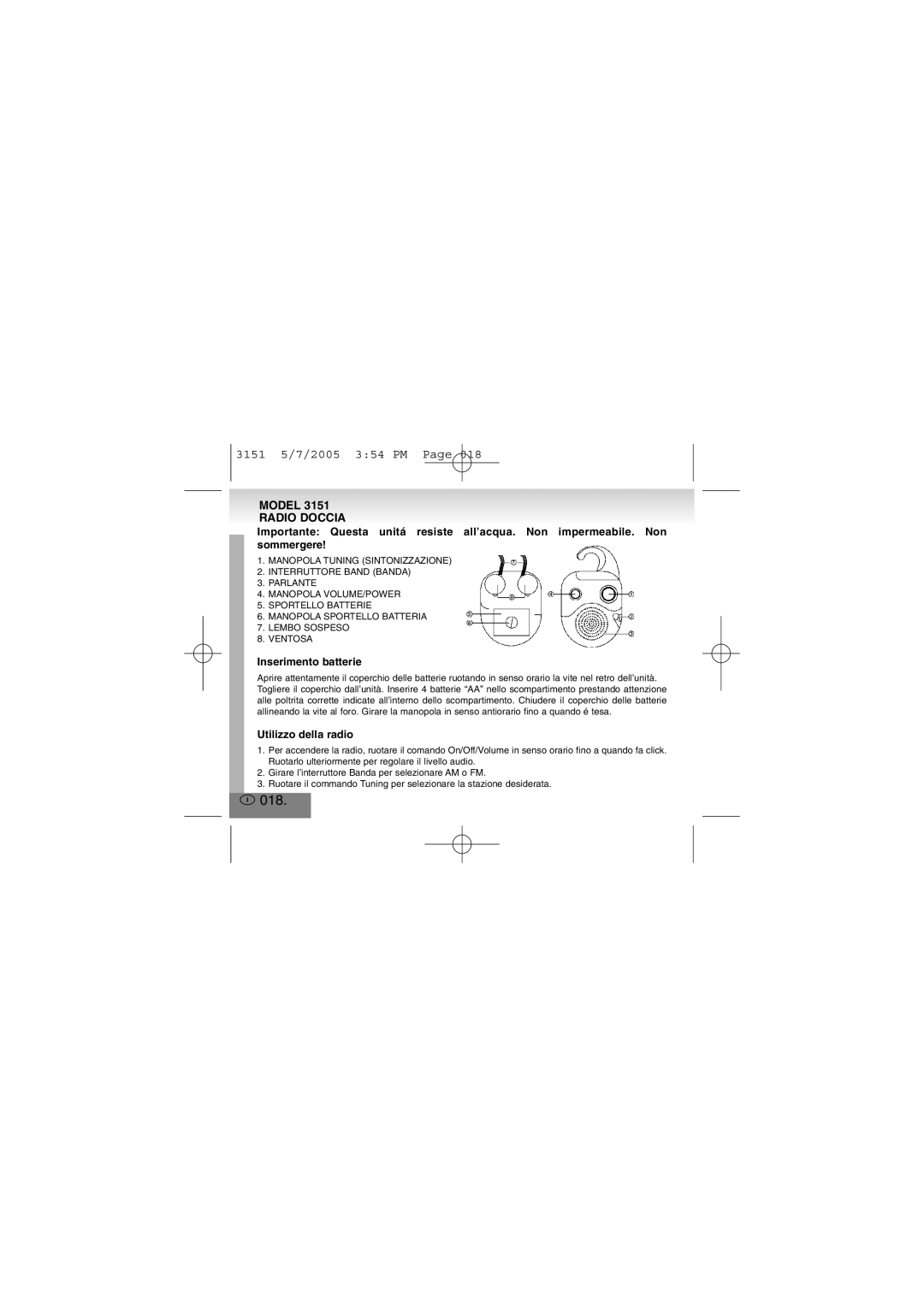 Elta 3151 manual 018, Radio Doccia, Inserimento batterie, Utilizzo della radio 