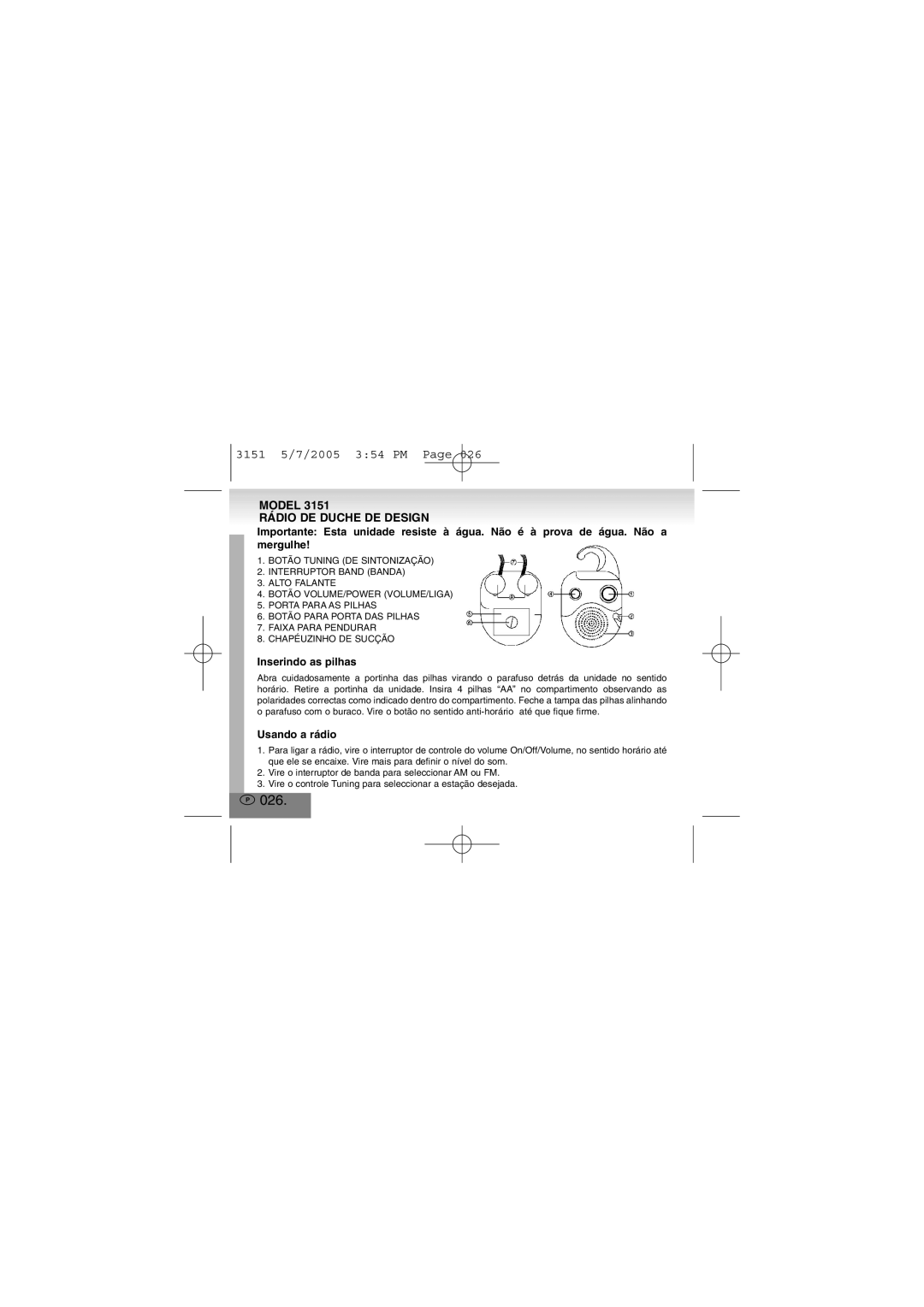 Elta 3151 manual 026, Rádio DE Duche DE Design, Inserindo as pilhas, Usando a rádio 