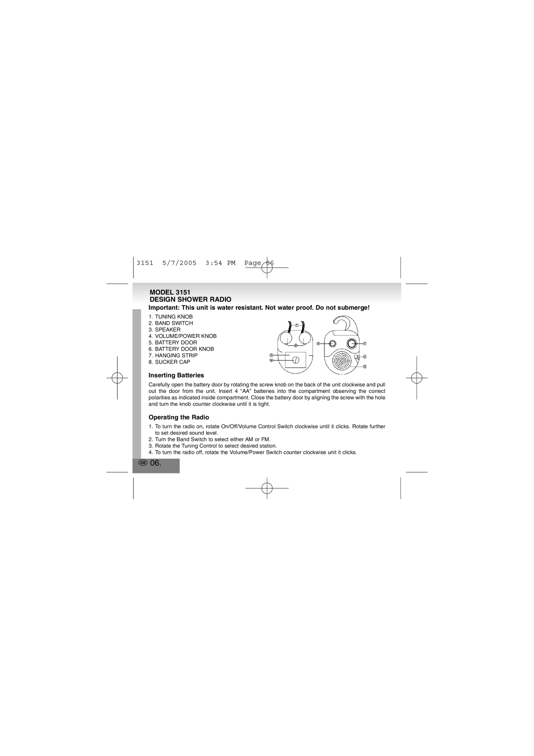 Elta 3151 manual Design Shower Radio, Inserting Batteries, Operating the Radio 