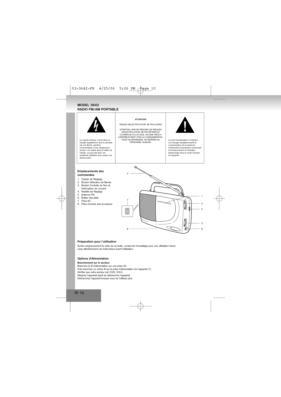 Elta manual 03-3642-FR 4/25/06 526 PM, Radio FM/AM Portable, Emplacements des Commandes, Préparation pour l’utilisation 