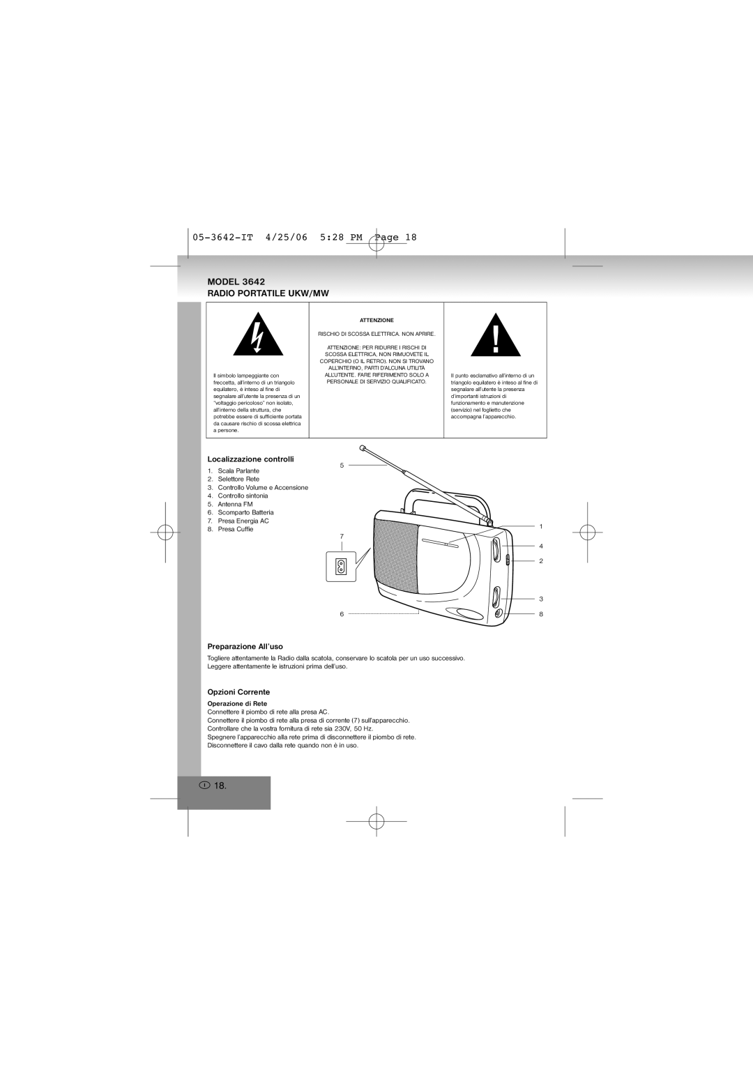 Elta manual 05-3642-IT 4/25/06 528 PM, Radio Portatile UKW/MW, Localizzazione controlli, Preparazione All’uso 