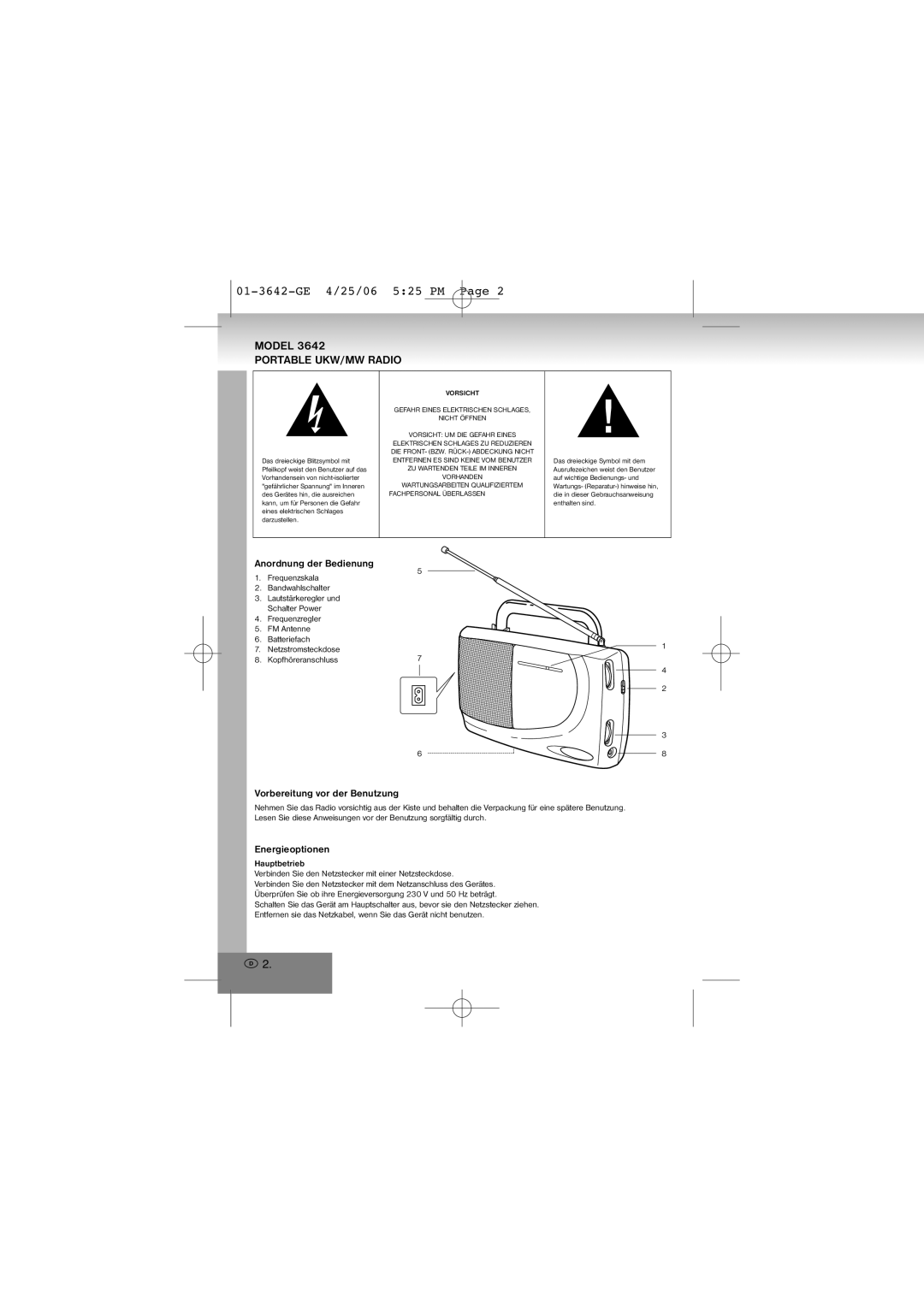 Elta manual 01-3642-GE 4/25/06 525 PM, Portable UKW/MW Radio, Anordnung der Bedienung, Vorbereitung vor der Benutzung 