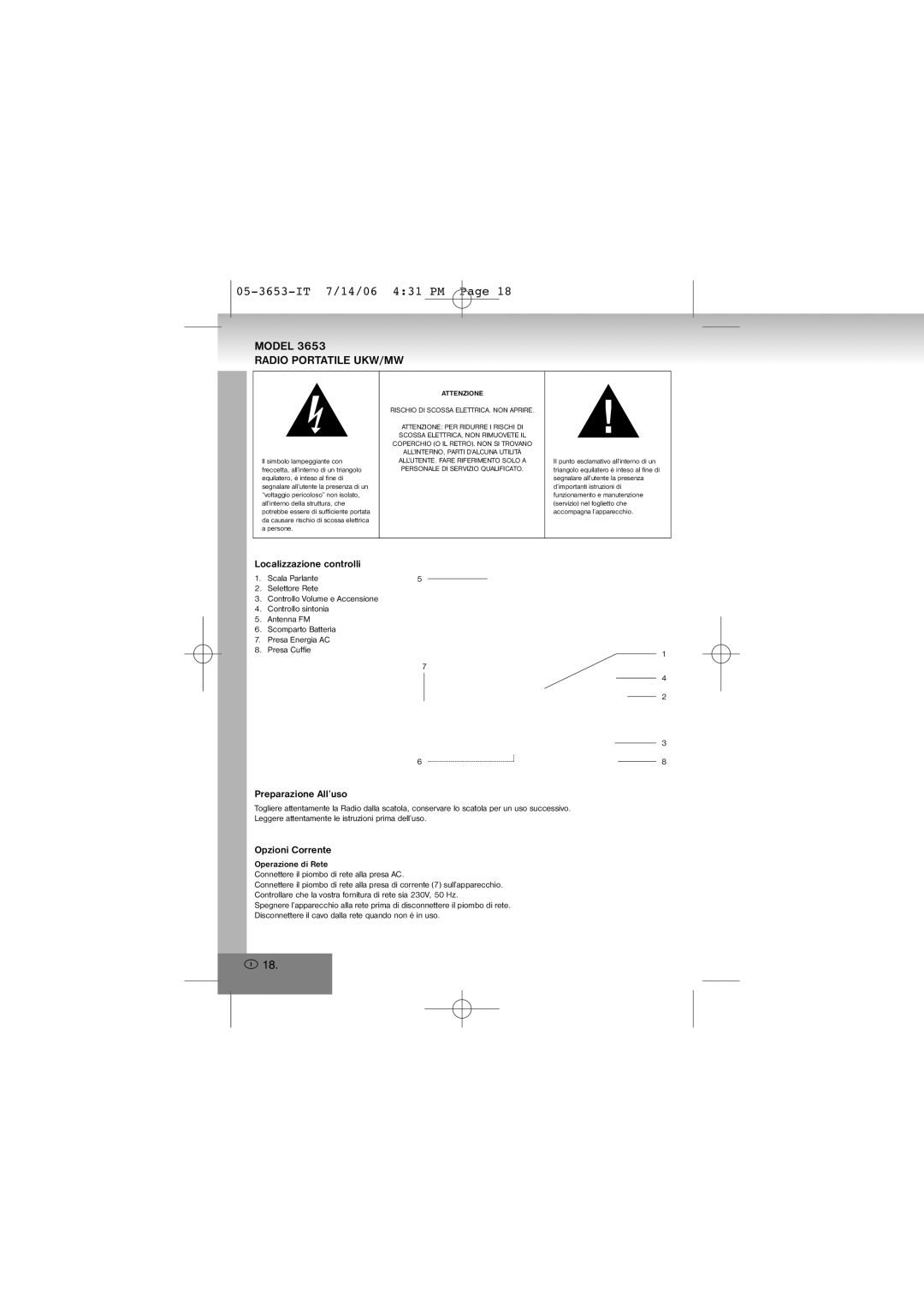 Elta manual 05-3653-IT 7/14/06 431 PM, Radio Portatile UKW/MW, Localizzazione controlli, Preparazione All’uso 