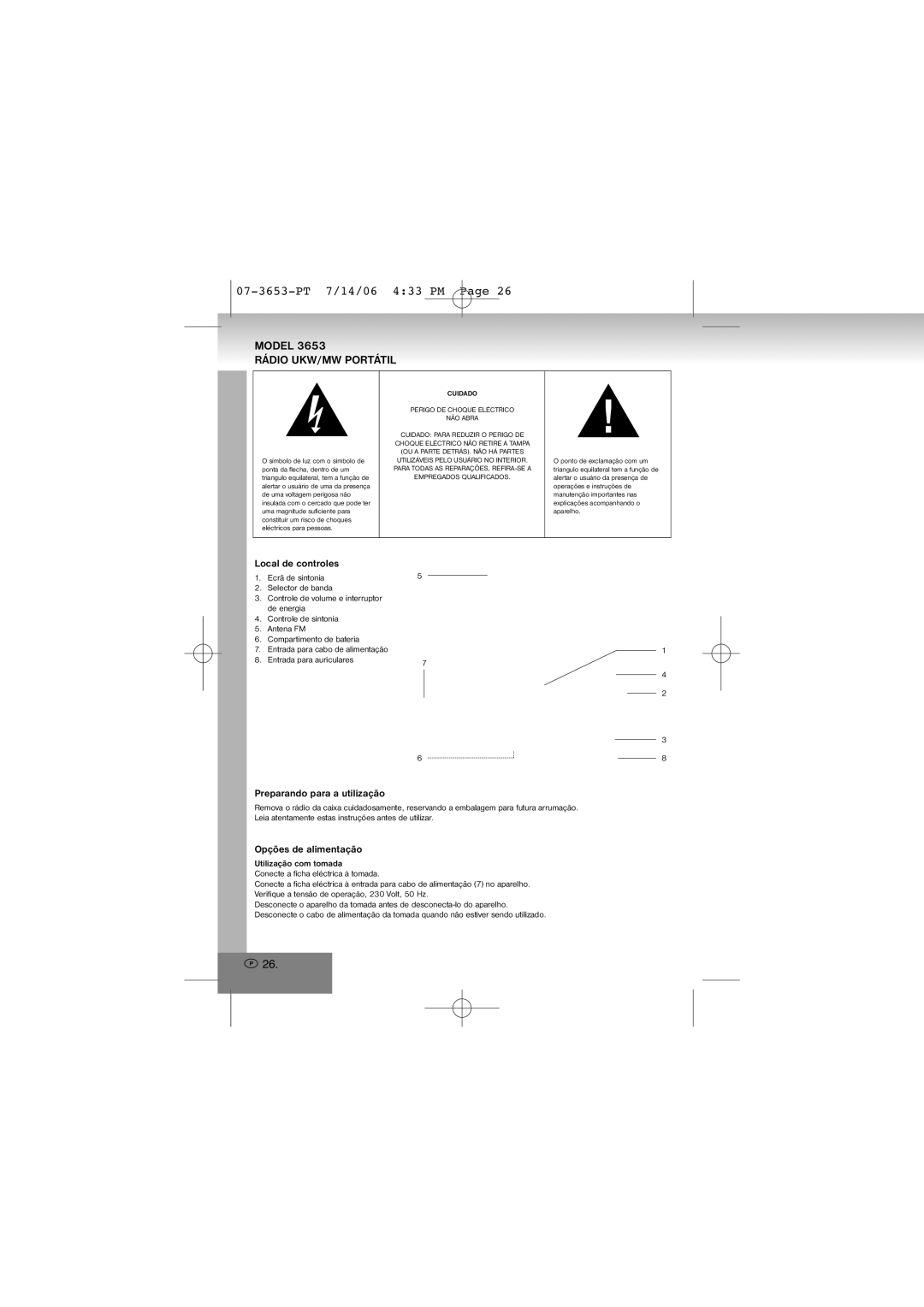 Elta manual 07-3653-PT 7/14/06 433 PM, Rádio UKW/MW Portátil, Local de controles, Preparando para a utilização 