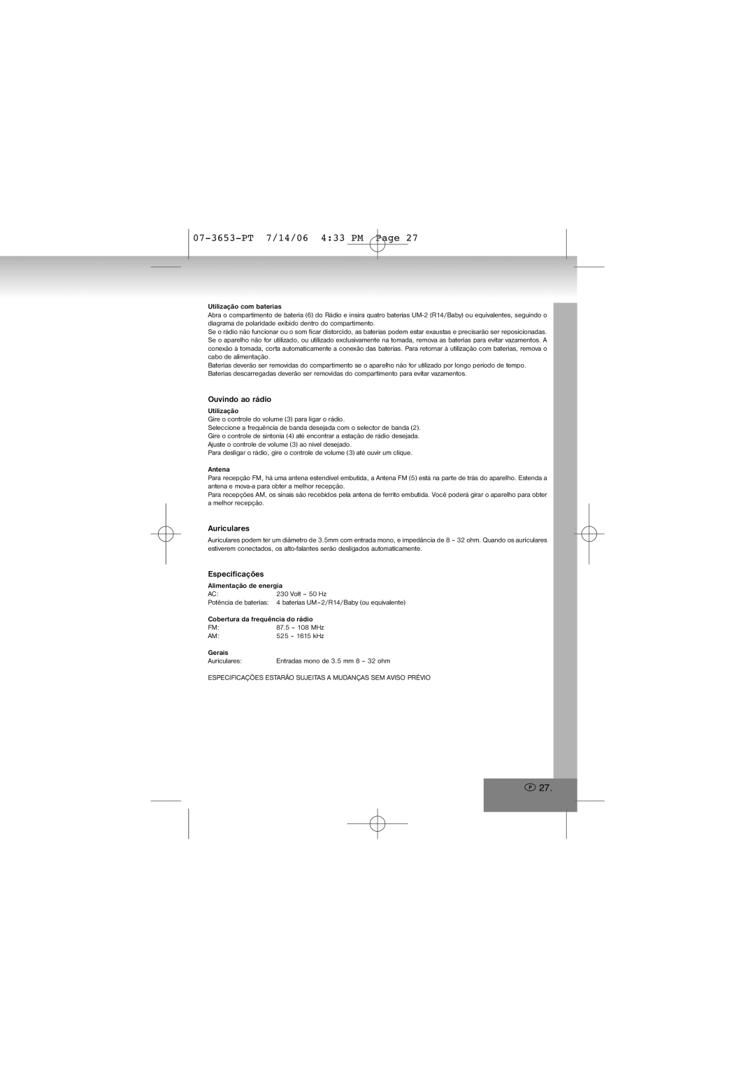 Elta 3653 manual Ouvindo ao rádio, Especificações 