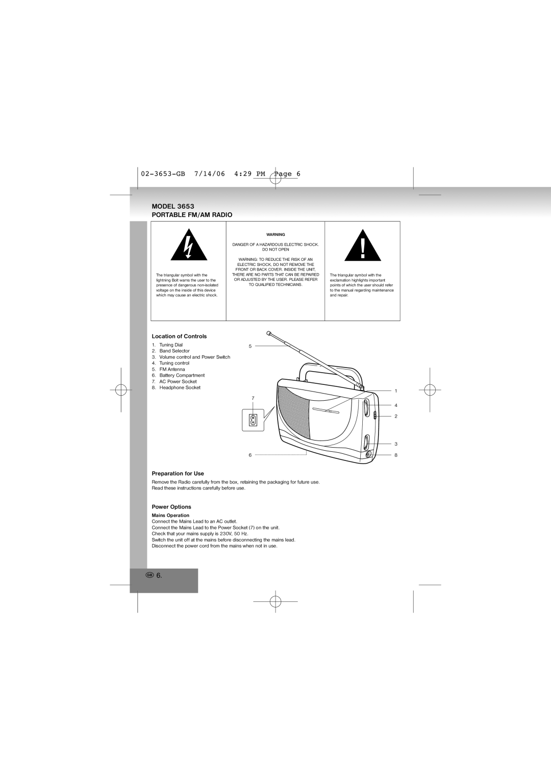 Elta manual 02-3653-GB 7/14/06 429 PM, Portable FM/AM Radio, Location of Controls, Preparation for Use, Power Options 