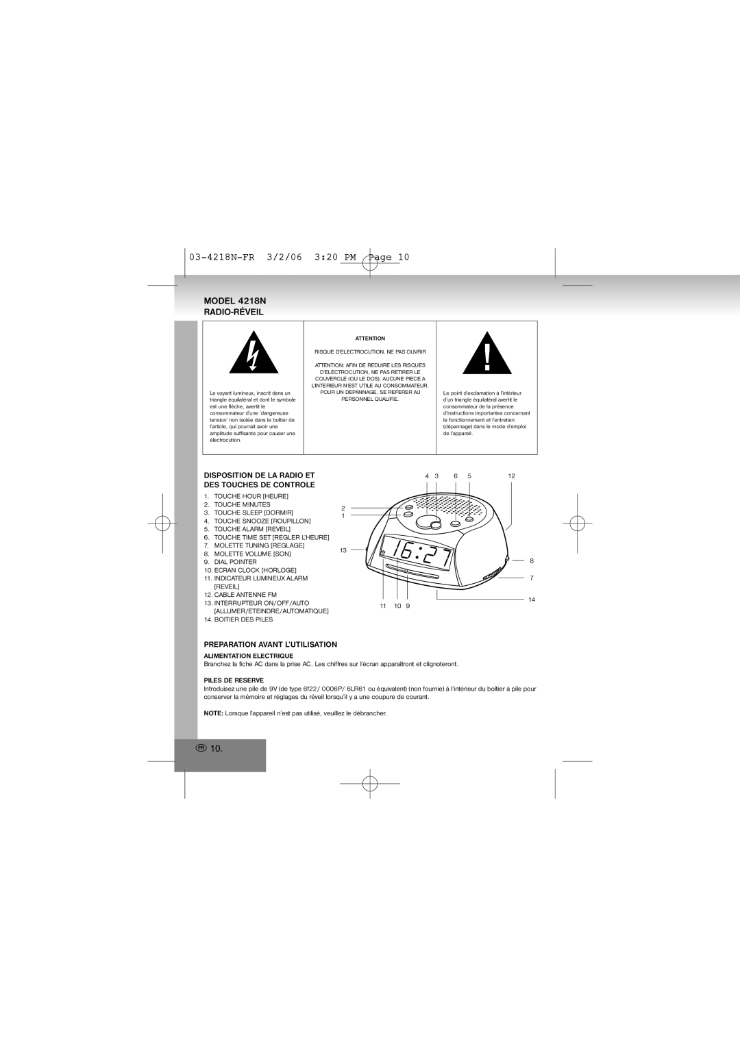 Elta manual 03-4218N-FR 3/2/06 320 PM, Model 4218N RADIO-RÉVEIL, Preparation Avant L’UTILISATION 