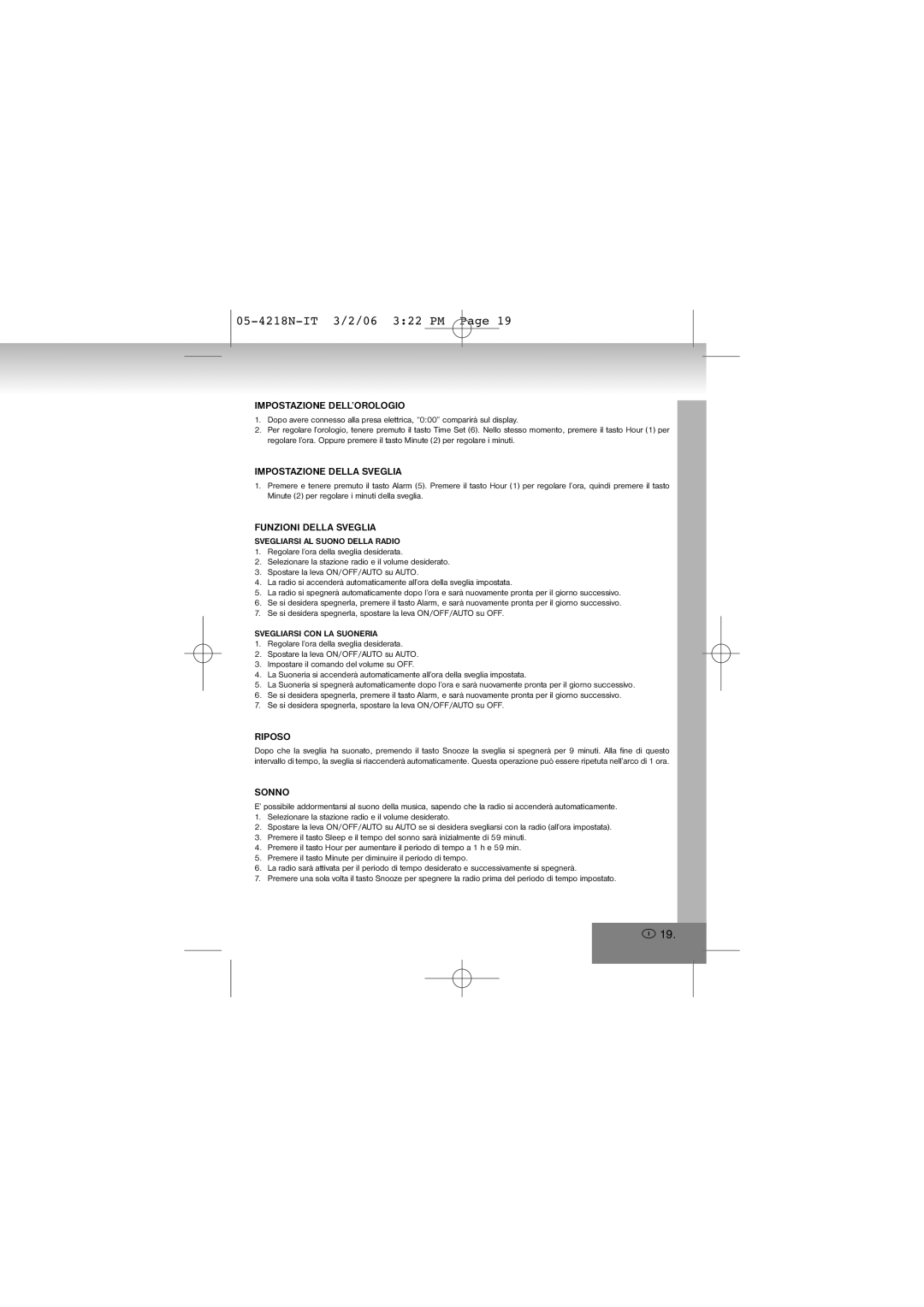 Elta 4218N manual Impostazione DELL’OROLOGIO, Impostazione Della Sveglia, Funzioni Della Sveglia, Riposo, Sonno 