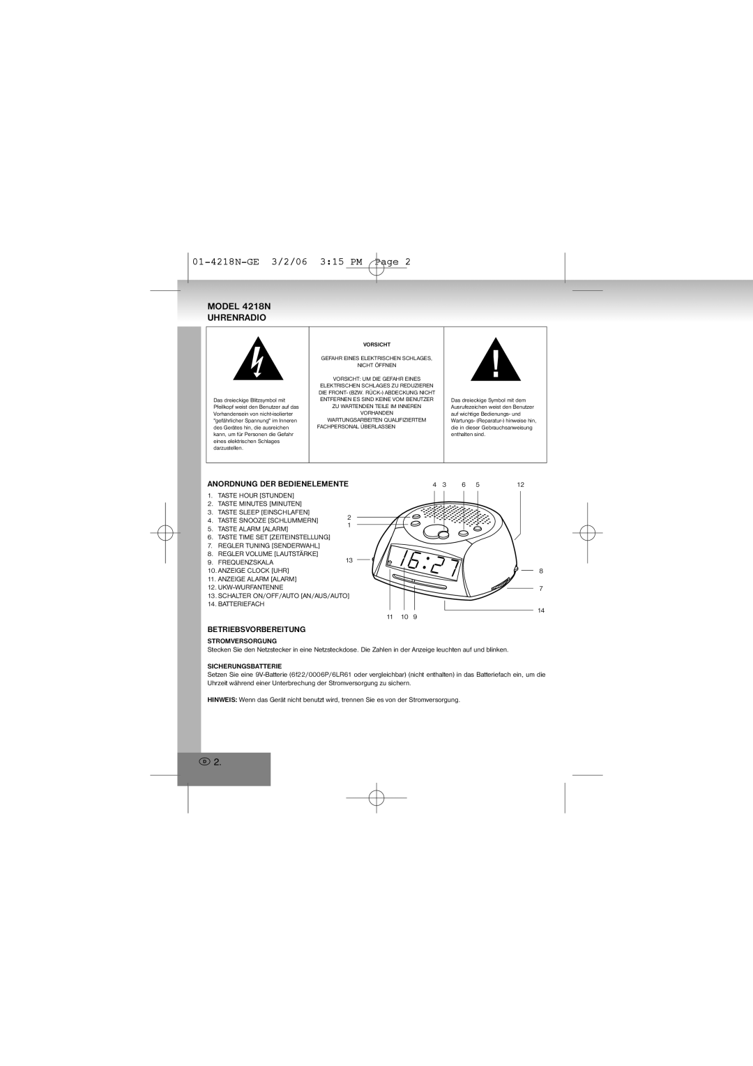 Elta manual 01-4218N-GE 3/2/06 315 PM, Model 4218N Uhrenradio, Anordnung DER Bedienelemente, Betriebsvorbereitung 