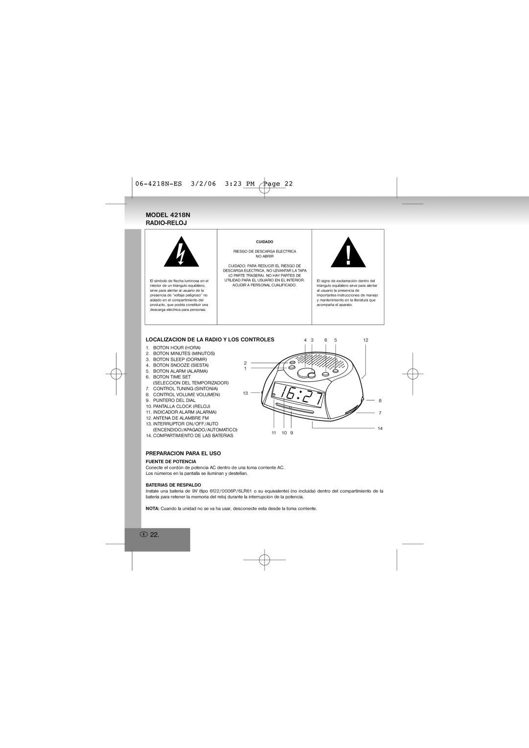 Elta manual 06-4218N-ES 3/2/06 323 PM, Model 4218N RADIO-RELOJ, Preparacion Para EL USO, Fuente DE Potencia 