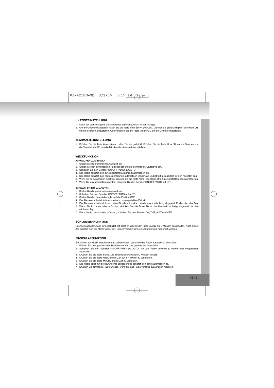 Elta 4218N manual Uhrzeiteinstellung, Alarmzeiteinstellung, Weckfunktion, Schlummerfunktion, Einschlaffunktion 