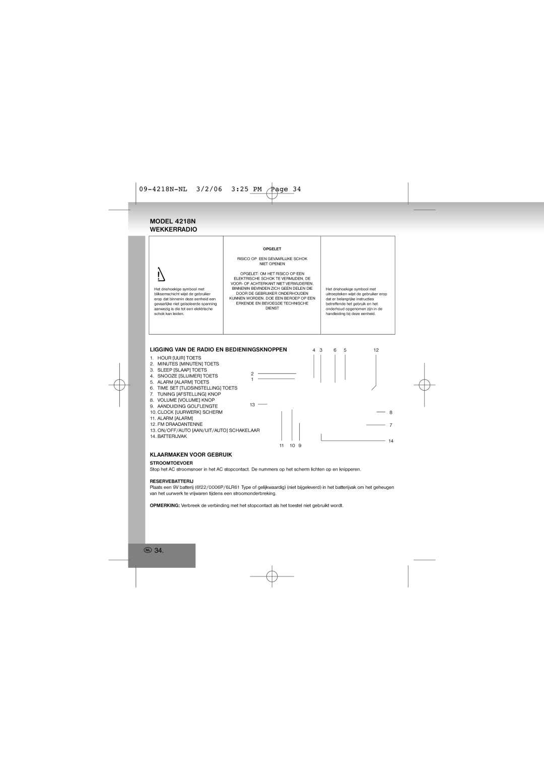 Elta manual 09-4218N-NL 3/2/06 325 PM, Model 4218N Wekkerradio, Klaarmaken Voor Gebruik, Stroomtoevoer, Reservebatterij 