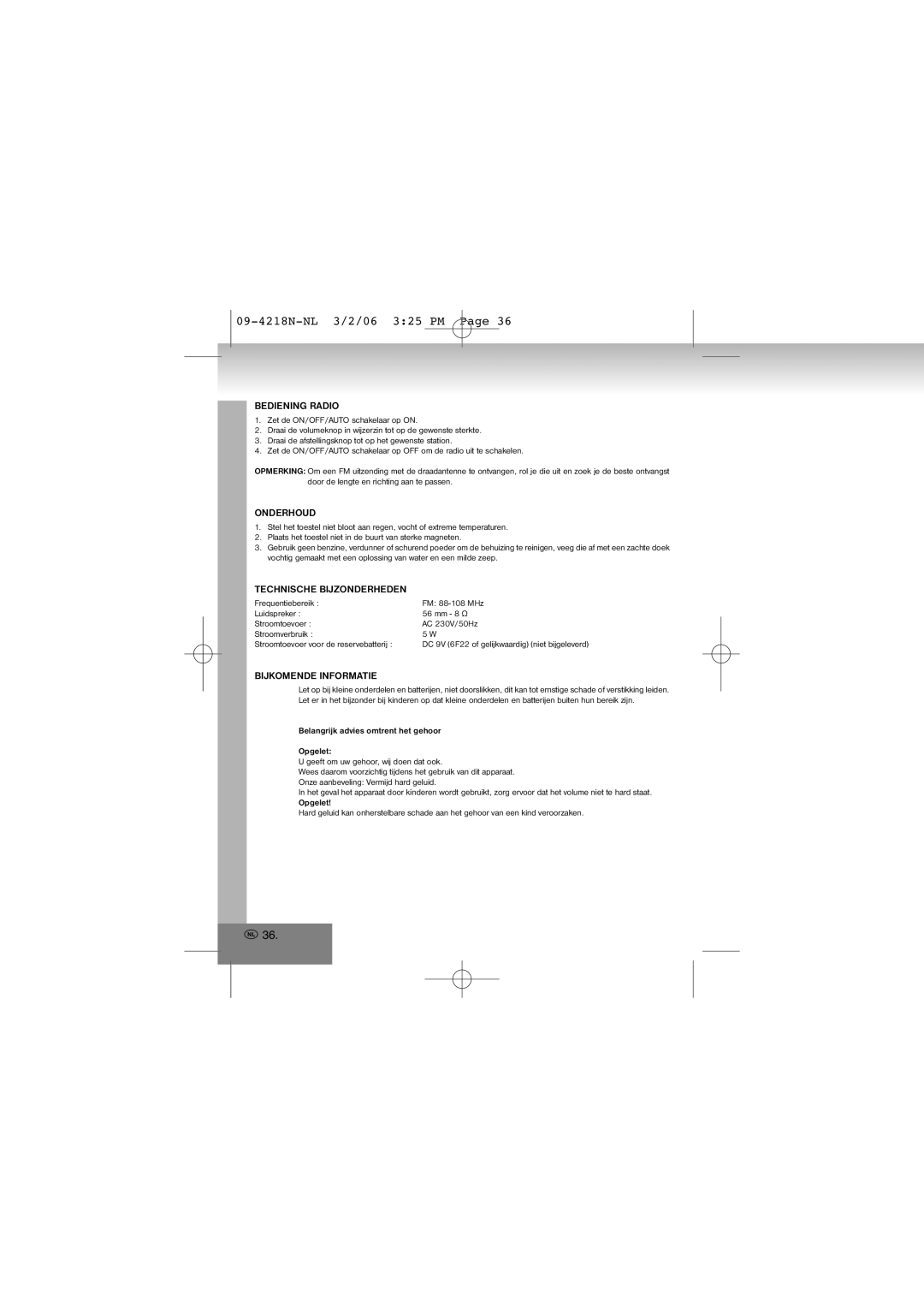 Elta 4218N manual Bediening Radio, Onderhoud, Technische Bijzonderheden, Bijkomende Informatie 