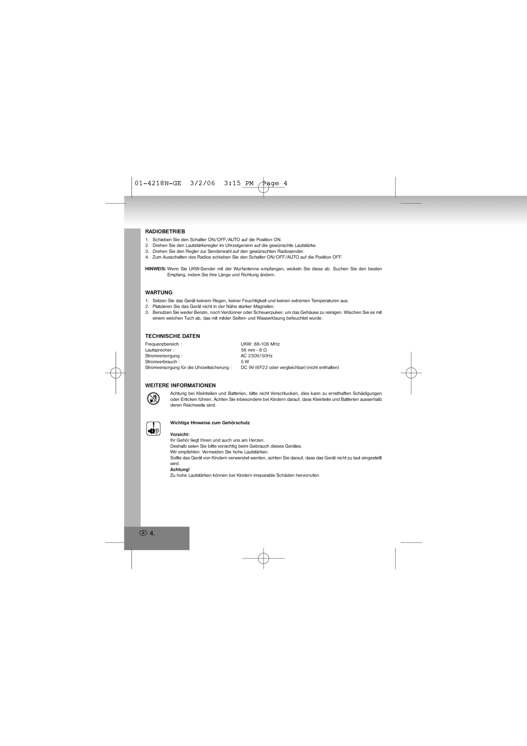 Elta 4218N manual Radiobetrieb, Wartung, Technische Daten, Weitere Informationen 