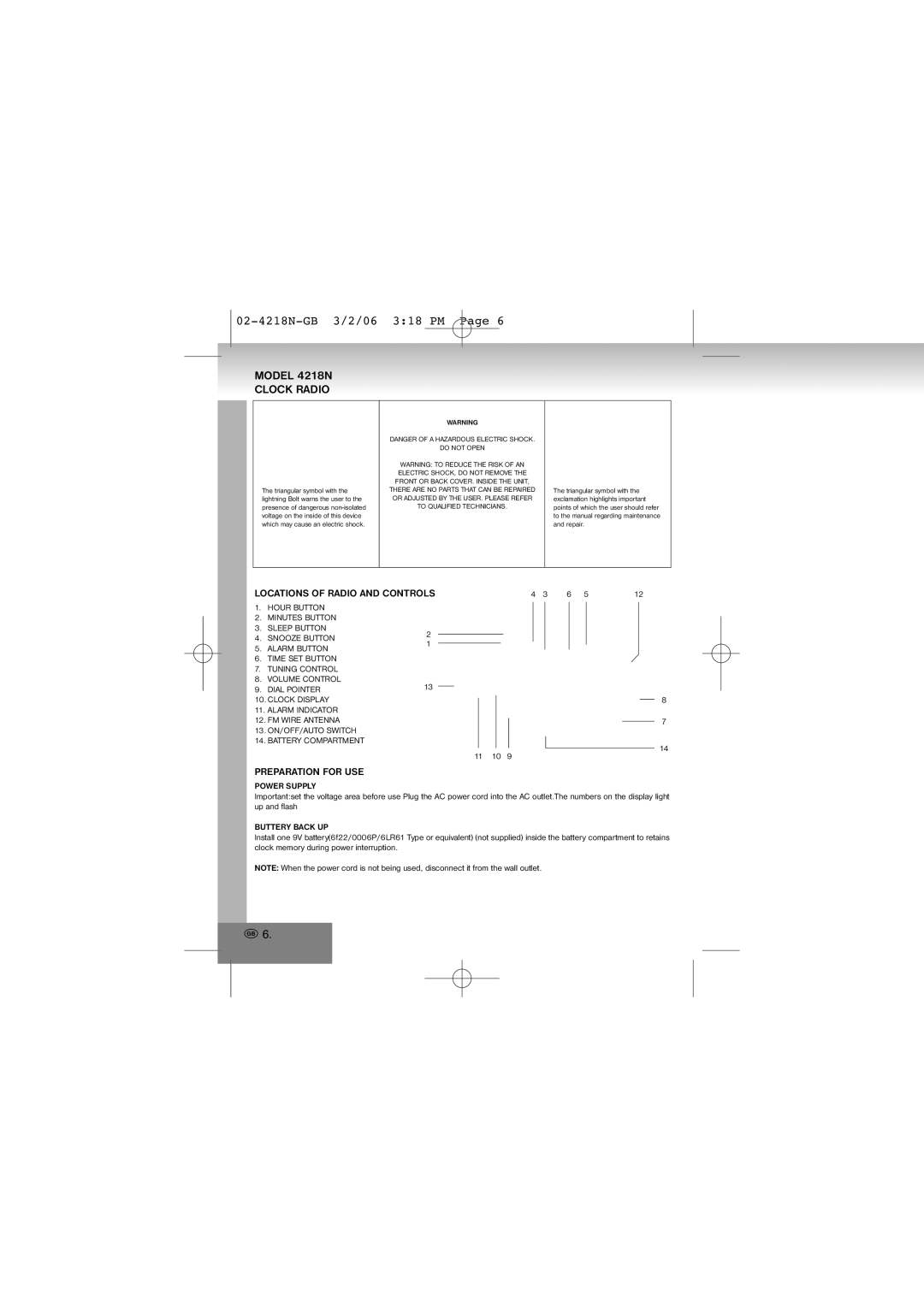 Elta manual 02-4218N-GB 3/2/06 318 PM, Model 4218N Clock Radio, Locations of Radio and Controls, Preparation for USE 