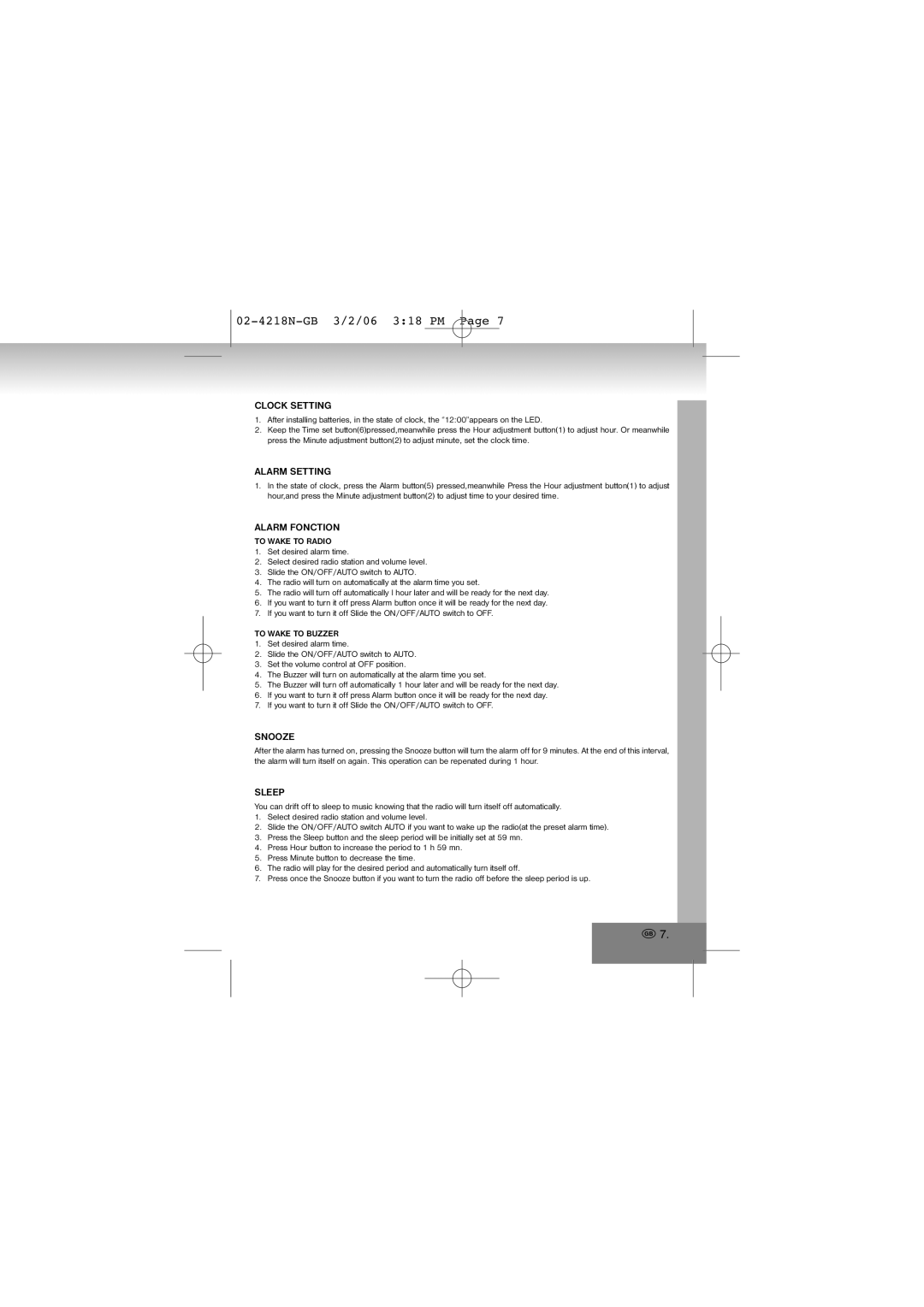 Elta 4218N manual Clock Setting, Alarm Setting, Alarm Fonction, Snooze, Sleep 