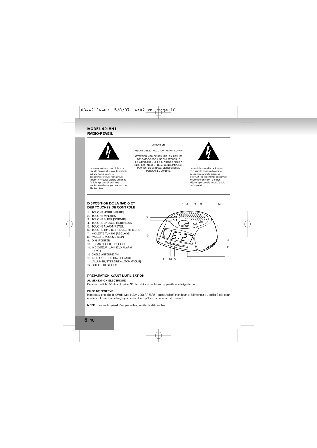 Elta 4218N1 manual 03-4218N-FR 5/8/07 402 PM, Radio-Réveil, Preparation Avant L’UTILISATION 