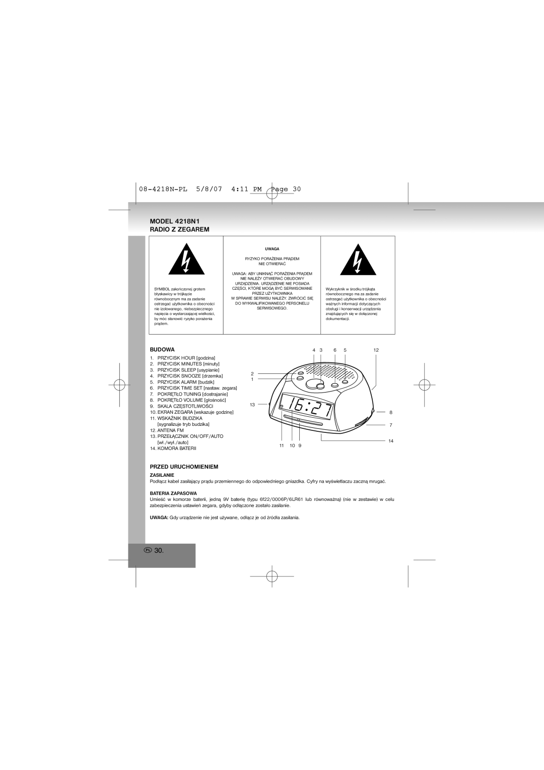 Elta 4218N1 manual 08-4218N-PL 5/8/07 411 PM, Radio Z Zegarem, Budowa, Przed Uruchomieniem 