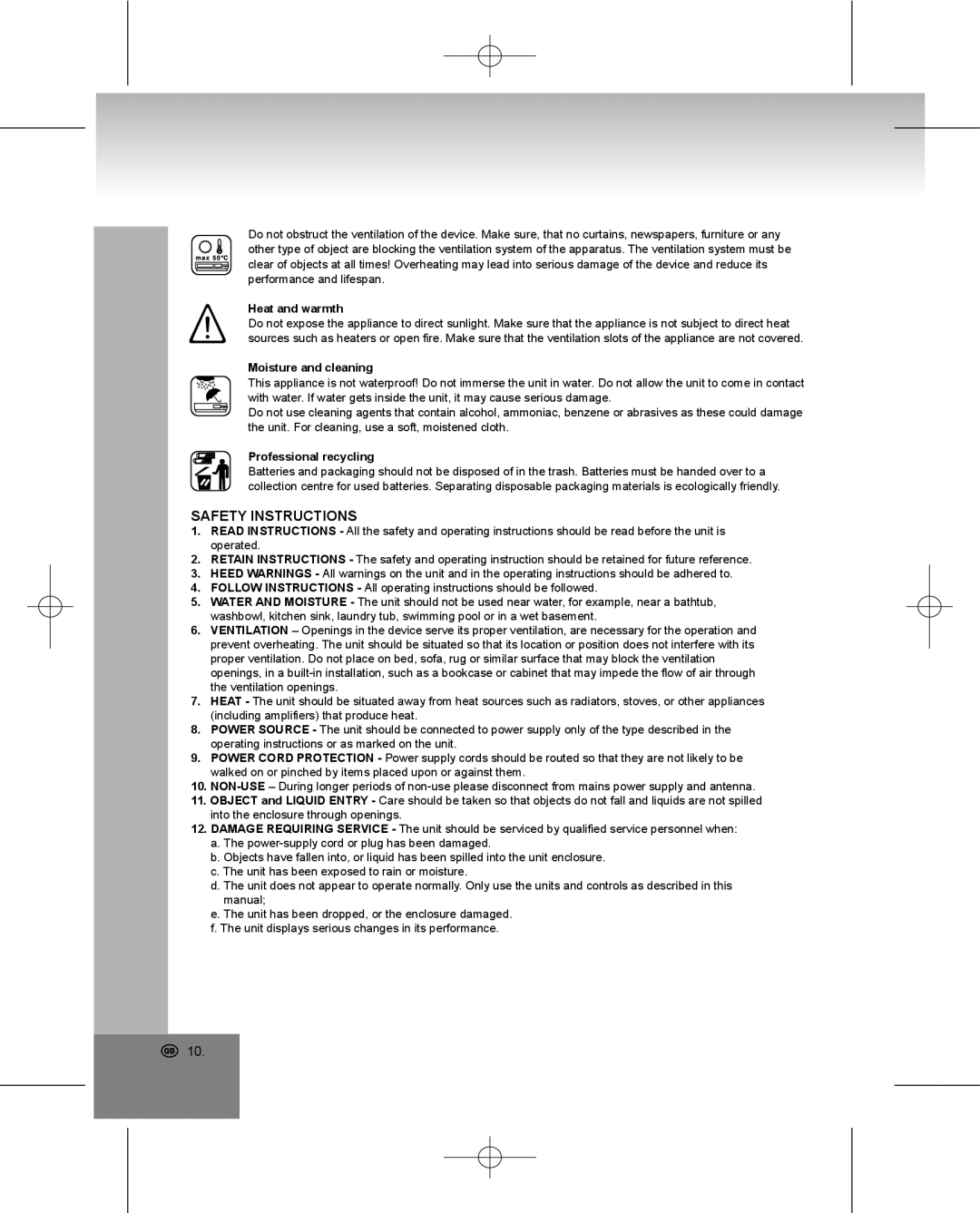 Elta 4224 manual Safety Instructions, Heat and warmth, Moisture and cleaning, Professional recycling 