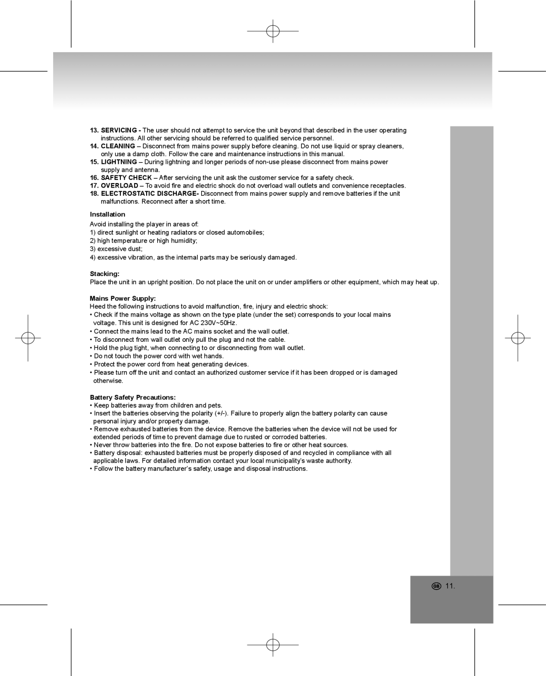 Elta 4224 manual Installation, Stacking, Mains Power Supply, Battery Safety Precautions 