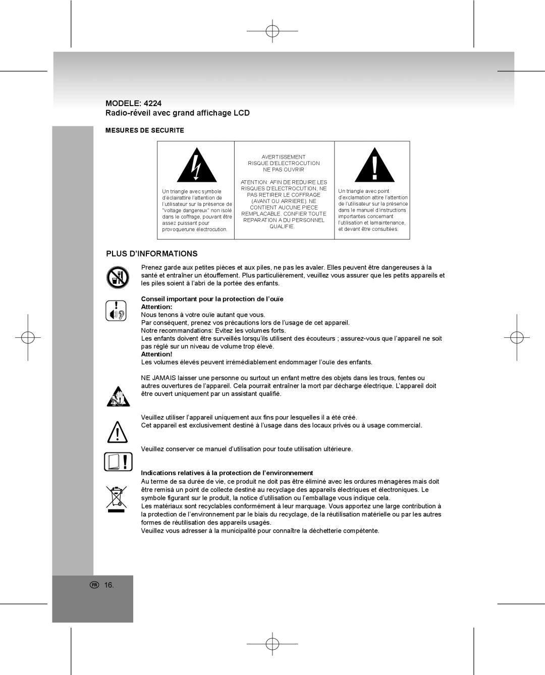 Elta 4224 manual Modele Radio-réveil avec grand affichage LCD, Plus D’INFORMATIONS, Mesures DE Securite 