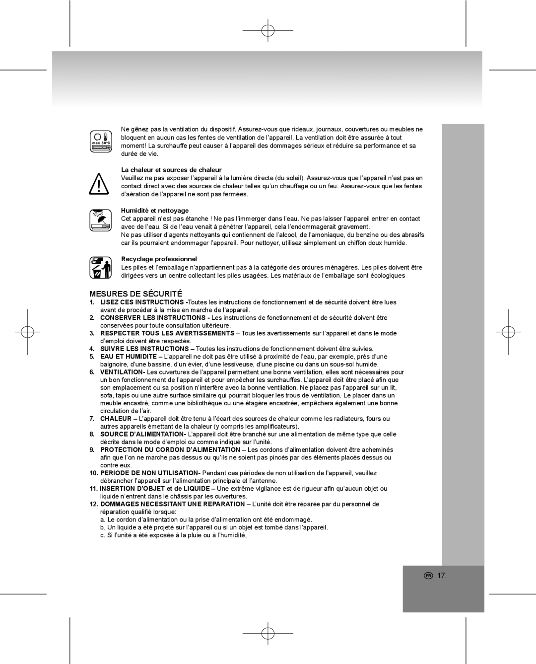 Elta 4224 manual Mesures DE Sécurité, La chaleur et sources de chaleur, Humidité et nettoyage, Recyclage professionnel 