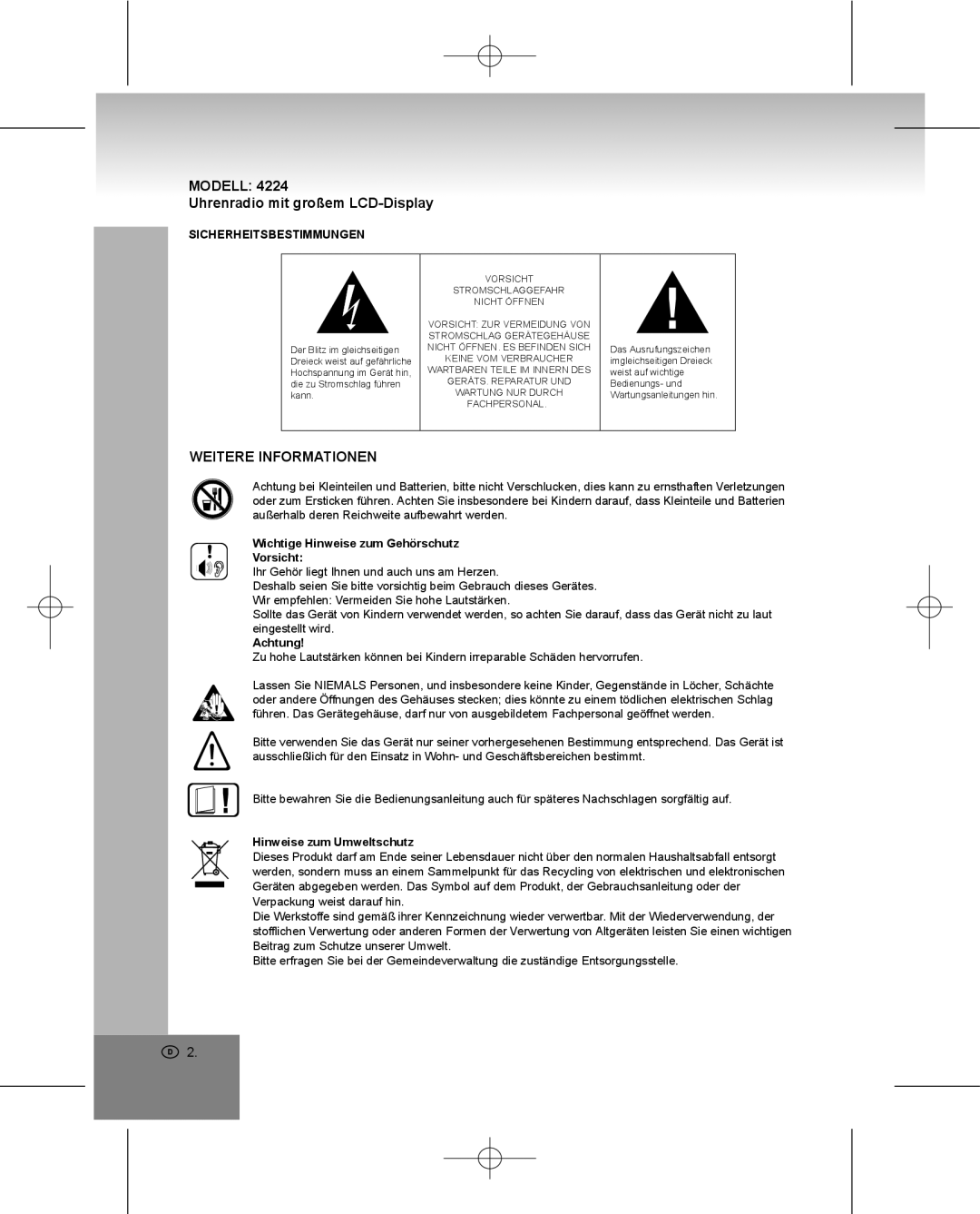 Elta 4224 manual Modell Uhrenradio mit großem LCD-Display, Weitere Informationen, Sicherheitsbestimmungen 