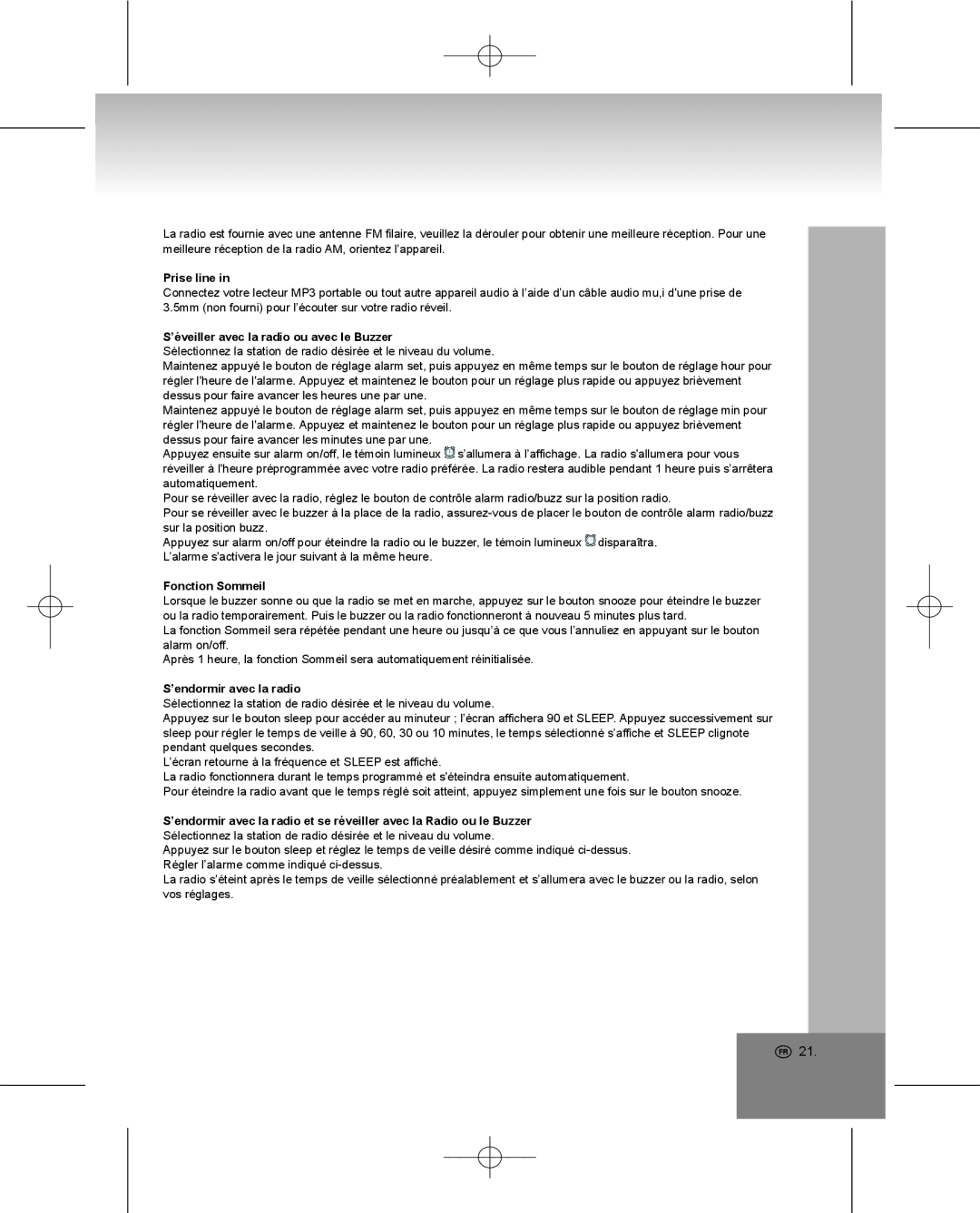 Elta 4224 manual Prise line, ’éveiller avec la radio ou avec le Buzzer, Fonction Sommeil, ’endormir avec la radio 